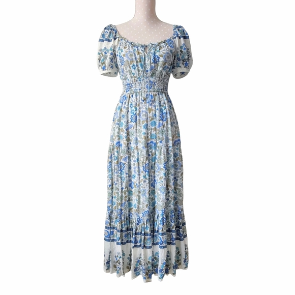 BY THE RIVER Floral Dress Puff Sleeve Midi Smocked Peasant Boho Cottagecore NWOT - Picture 3 of 8